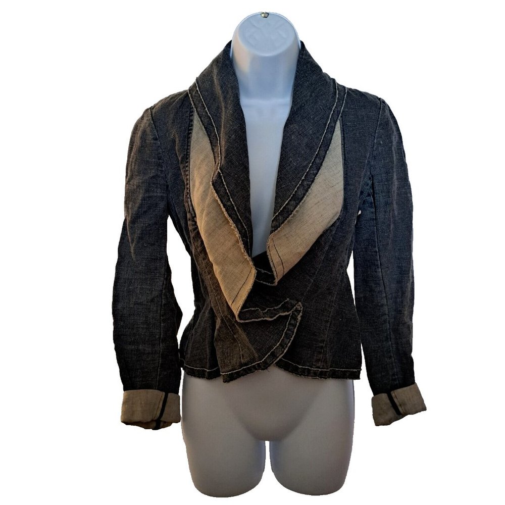 BCBGMAXAZRIA 100% LINEN moto denim-like CROP JACKET Sz S unique DESIGN REAL GEM